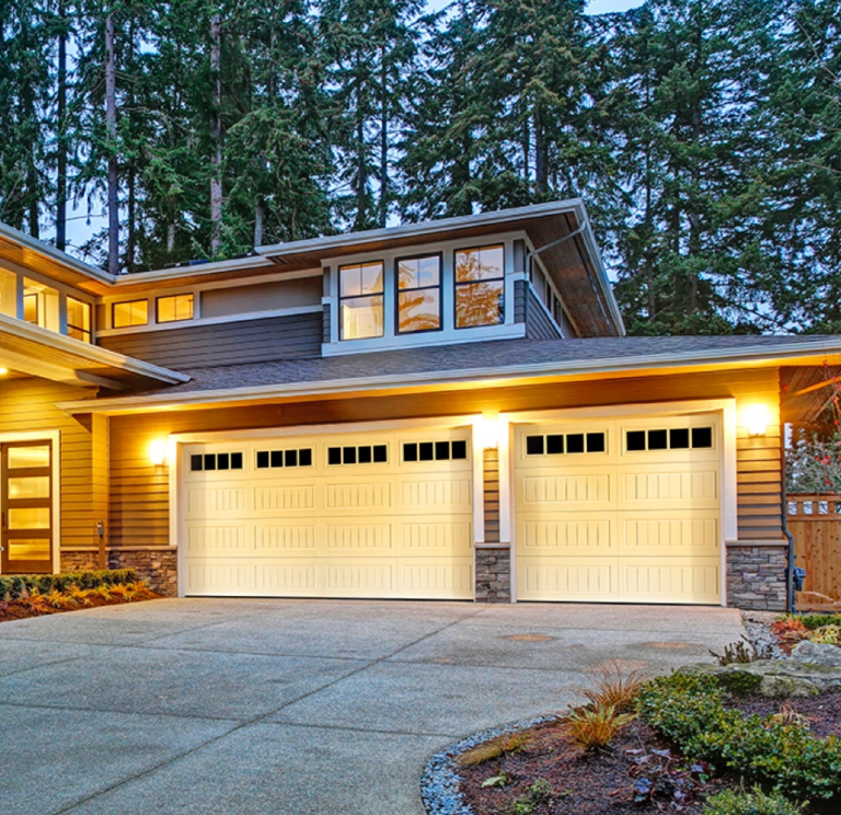 Modern wooden garage door with horizontal panels and narrow windows enhancing curb appeal